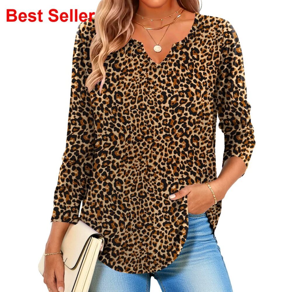 Long Sleeve V Neck Tunic Blouse, Polyester Spandex, Loose Fit for Work Casual